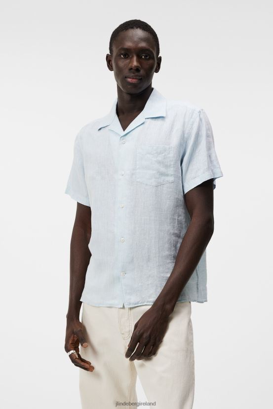 J.Lindeberg Men Linen Melange Short Sleeve Shirt Dream Blue Clothing BXV8X41174 - Click Image to Close