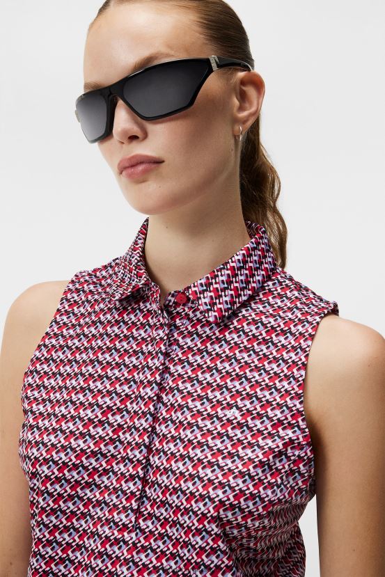 J.Lindeberg Women Dena Print Polo Micro Bridge Rose Red Clothing BXV8X41356